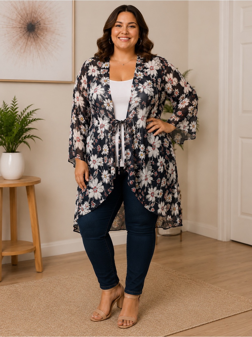 Lane Bryant Floral Open Front Kimono Cover Up Tie Front Size 30/32